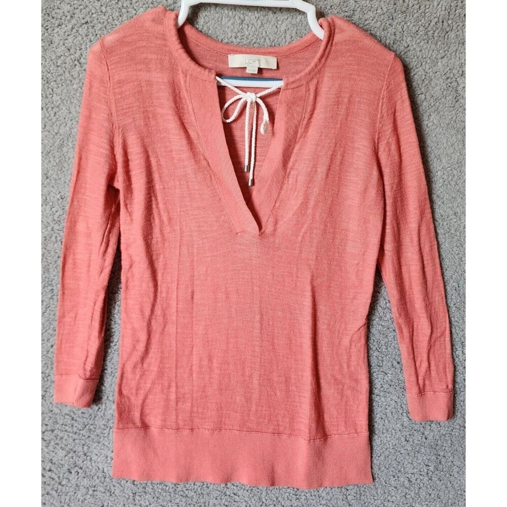 LOFT Women's 3/4 Sleeve Tie V Neck Lightweight Knit Tunic Top Solid Pink Size XS